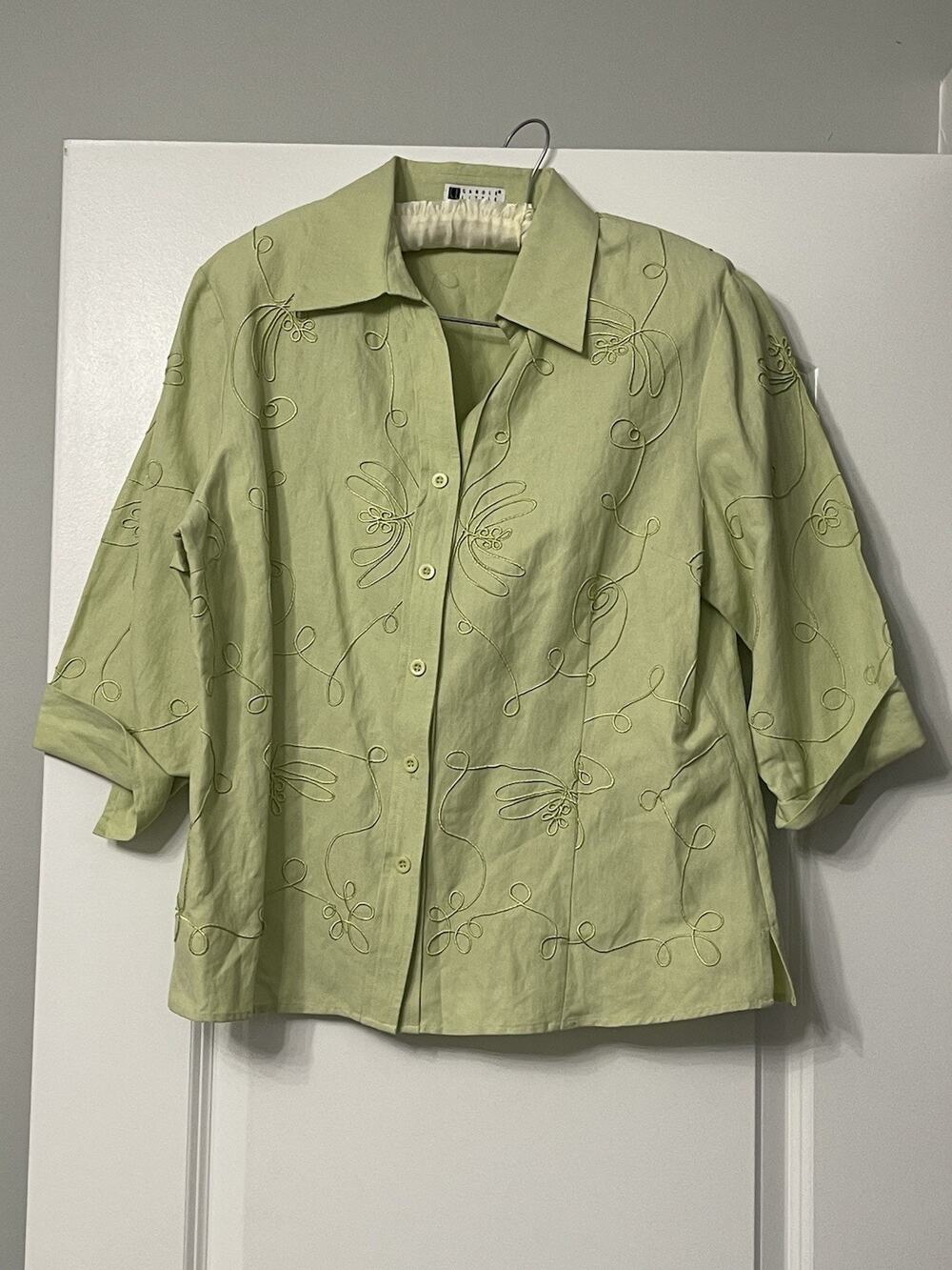 Vtg 90s Carole Little Silk & Linen Embroidered Sage Blouse Coastal Grandma XL